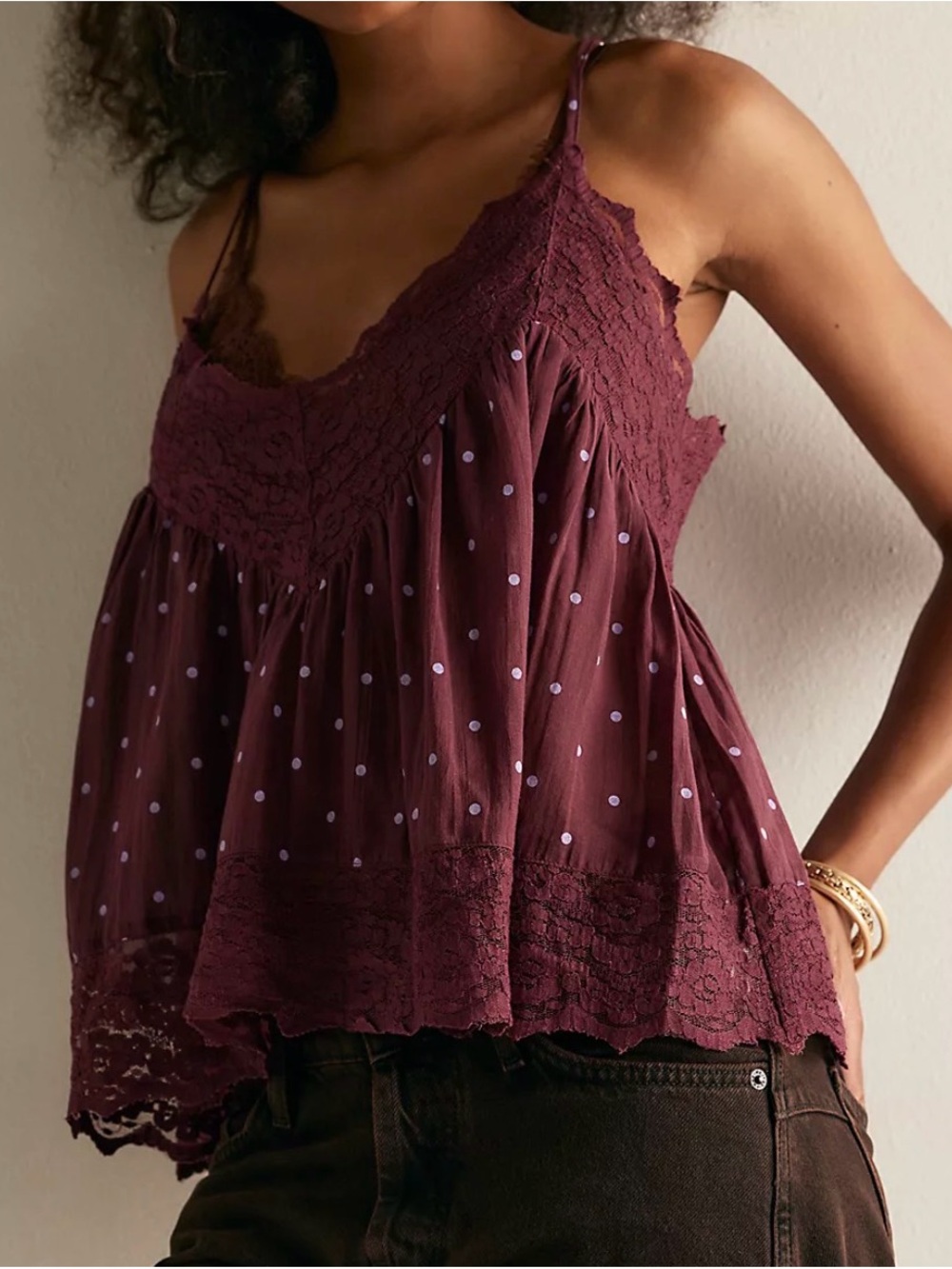 Free People ‘Fiona’ Plum Lace-Trim Polka Dot Camisole